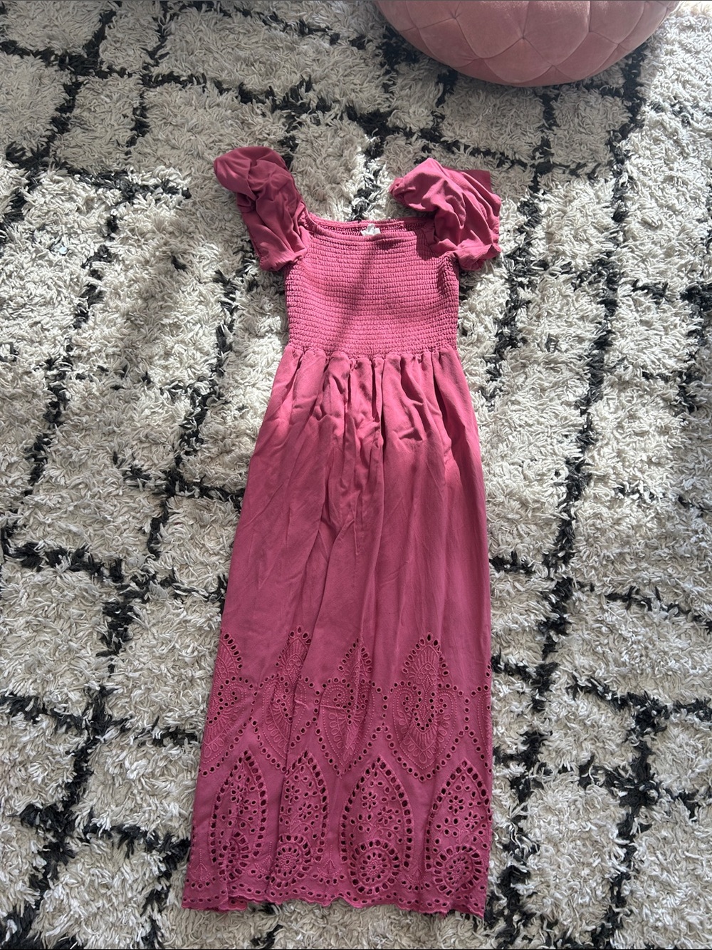 Maurices Rose Pink Puff Sleeve Midi Dress with Eyelet Hem
